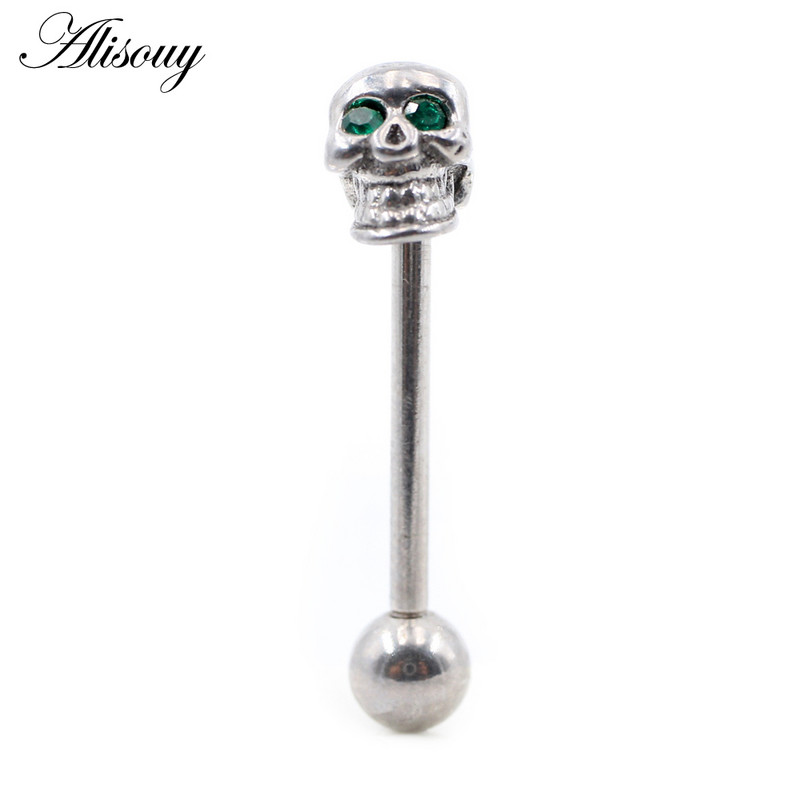 Alisouy 1PC Punk Unisex Kamuolinė kaukolė Cirkonas Nerūdijančio plieno Liežuvis Žiedai Strypai Merginos 14G Pramoninės Štangos Auskarų vėrimas Kūno Papuošalai