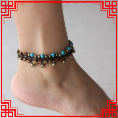 Etninių povų moterų etninių žalių akmenų kulkšnių grandinėlės, naujos rankų darbo pintos pėdų grandinėlės, madingos žalvarinės senovinės kojos