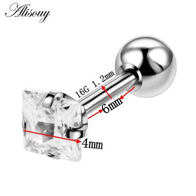 Alisouy 2 bucăți oțel ureche tragus cartilaj piercing helix piercing pătrat zircon cercel barbell bar ureche studs piercing orelha