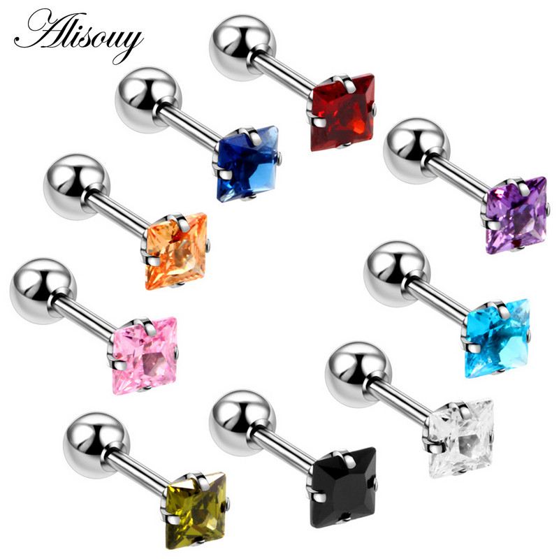 Alisouy 2 bucăți oțel ureche tragus cartilaj piercing helix piercing pătrat zircon cercel barbell bar ureche studs piercing orelha