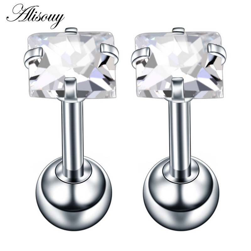 Alisouy 2 bucăți oțel ureche tragus cartilaj piercing helix piercing pătrat zircon cercel barbell bar ureche studs piercing orelha