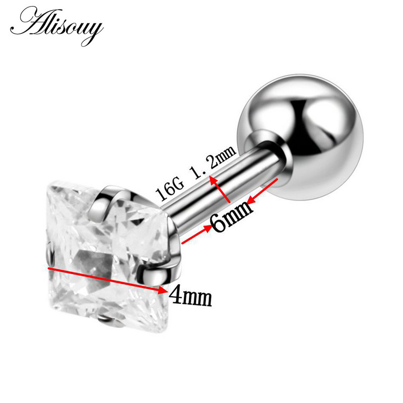 Alisouy 2 bucăți oțel ureche tragus cartilaj piercing helix piercing pătrat zircon cercel barbell bar ureche studs piercing orelha