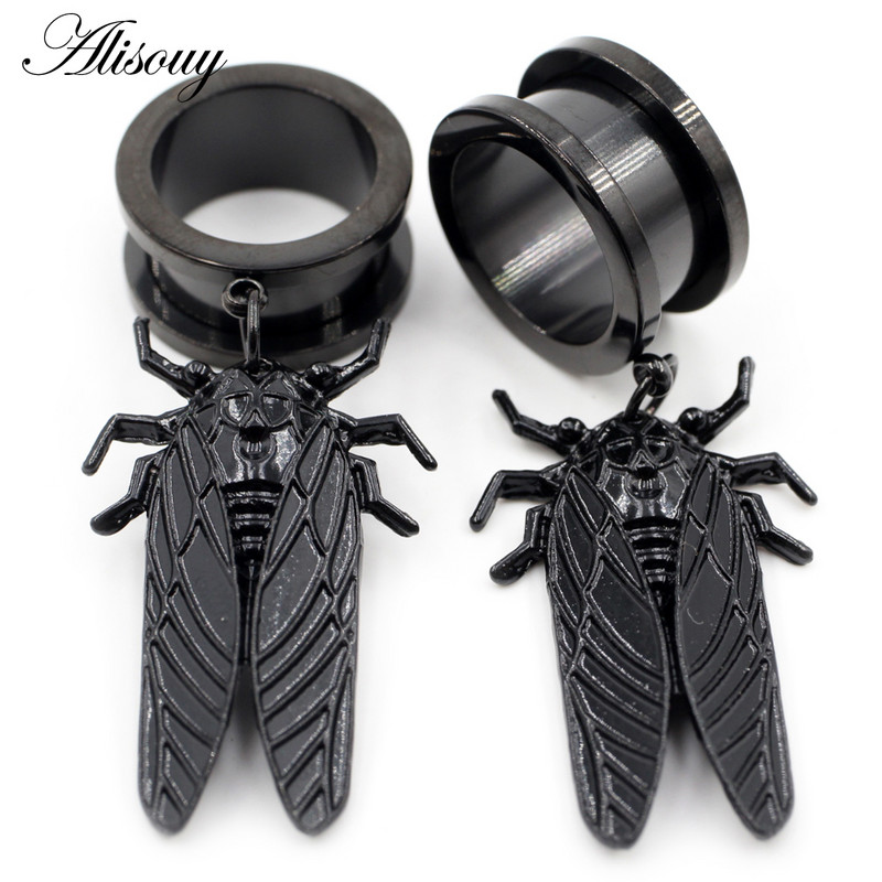Alisouy 2 buc. Cicada Pandantiv din oțel inoxidabil, tuneluri pentru urechi, dopuri, expansor de carne, calibre, cercei, piercing pentru corp, bijuterii
