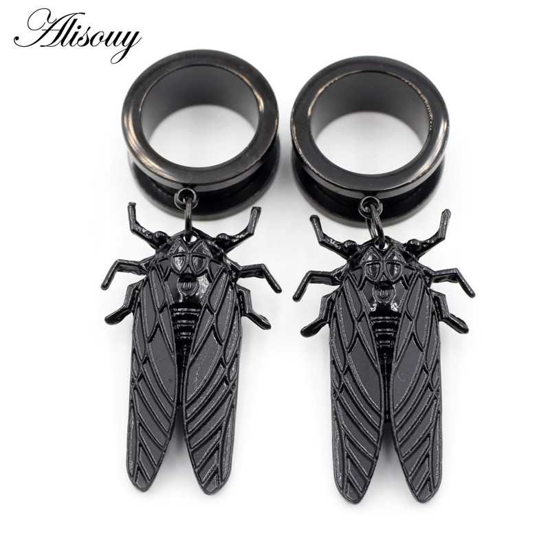 Alisouy 2 buc. Cicada Pandantiv din oțel inoxidabil, tuneluri pentru urechi, dopuri, expansor de carne, calibre, cercei, piercing pentru corp, bijuterii