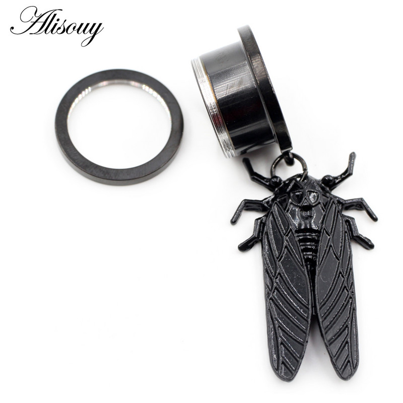 Alisouy 2 buc. Cicada Pandantiv din oțel inoxidabil, tuneluri pentru urechi, dopuri, expansor de carne, calibre, cercei, piercing pentru corp, bijuterii