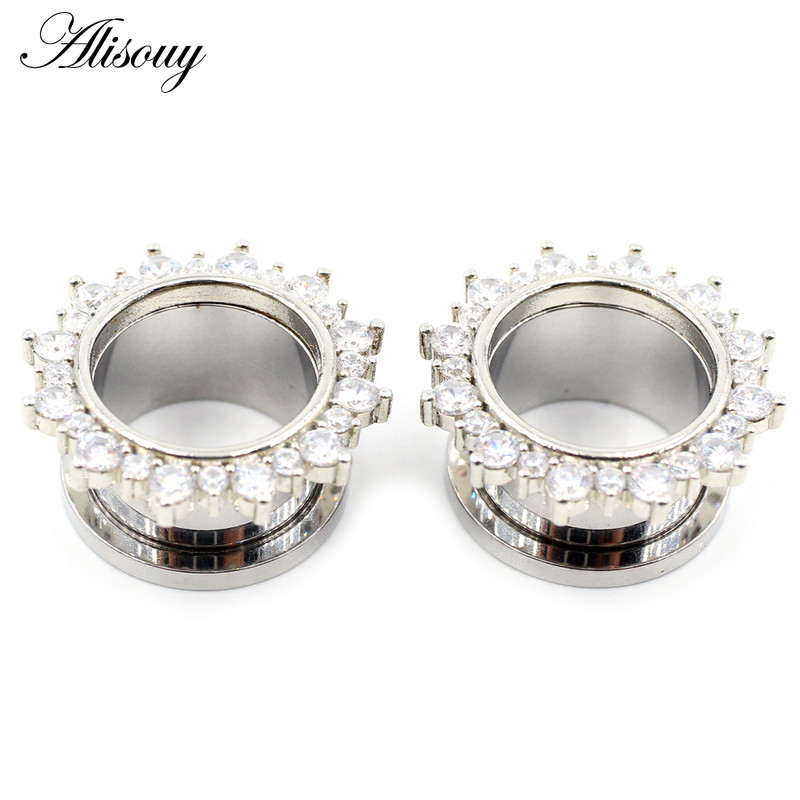 Alisouy 2 buc din oțel inoxidabil cubic zirconiu cristal șurub ureche carne tunel dopuri expander targă calibre corp piercing bijuterii