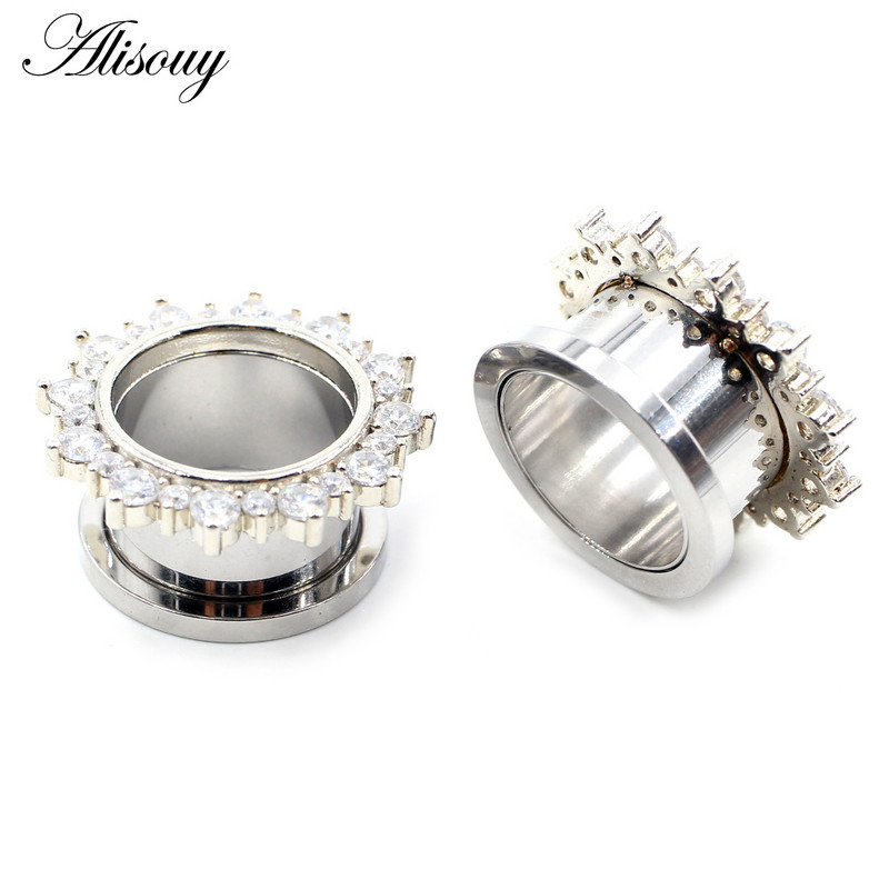 Alisouy 2 buc din oțel inoxidabil cubic zirconiu cristal șurub ureche carne tunel dopuri expander targă calibre corp piercing bijuterii