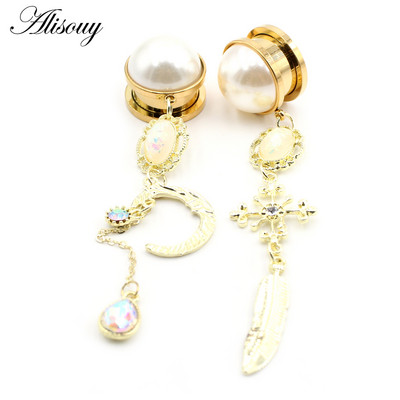 Alisouy 2 buc din oțel inoxidabil picătură de apă, cristal, perlă, tuneluri pentru urechi, dopuri, expansoare, piercing, bijuterii pentru corp