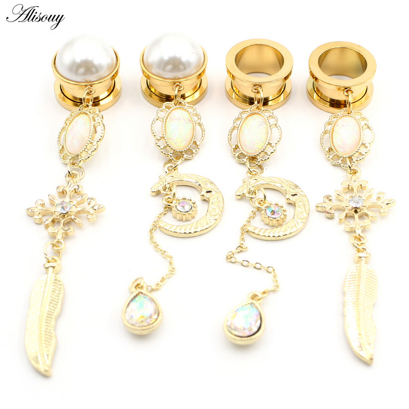 Alisouy 2 buc din oțel inoxidabil picătură de apă, cristal, perlă, tuneluri pentru urechi, dopuri, expansoare, piercing, bijuterii pentru corp