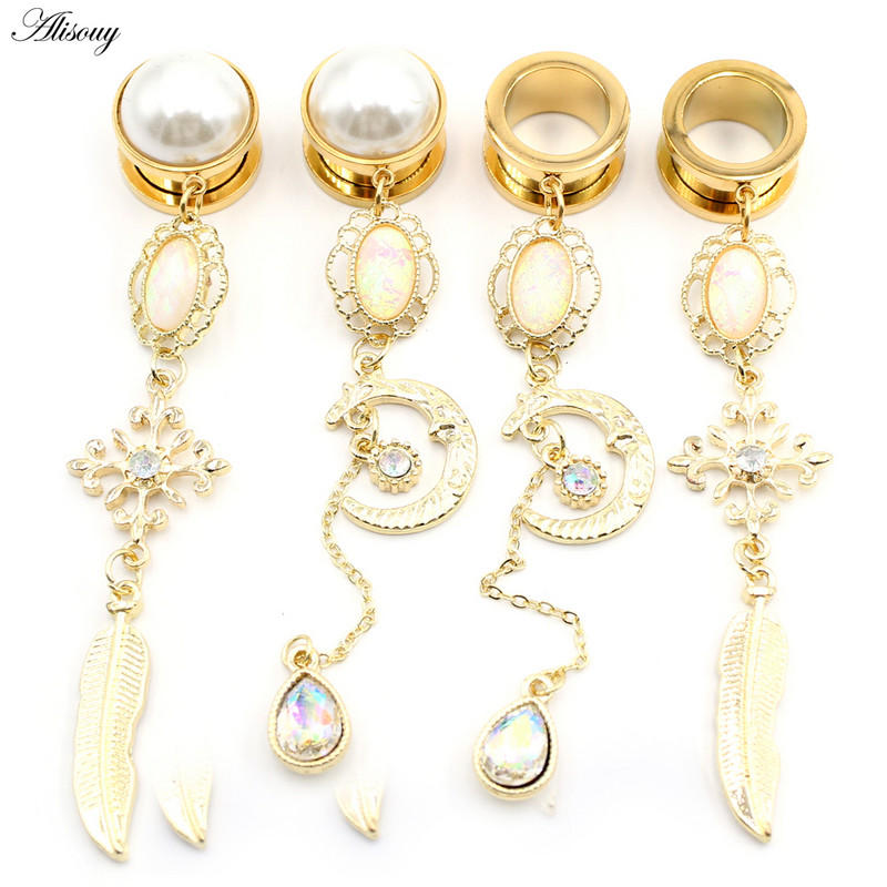 Alisouy 2 buc din oțel inoxidabil picătură de apă, cristal, perlă, tuneluri pentru urechi, dopuri, expansoare, piercing, bijuterii pentru corp