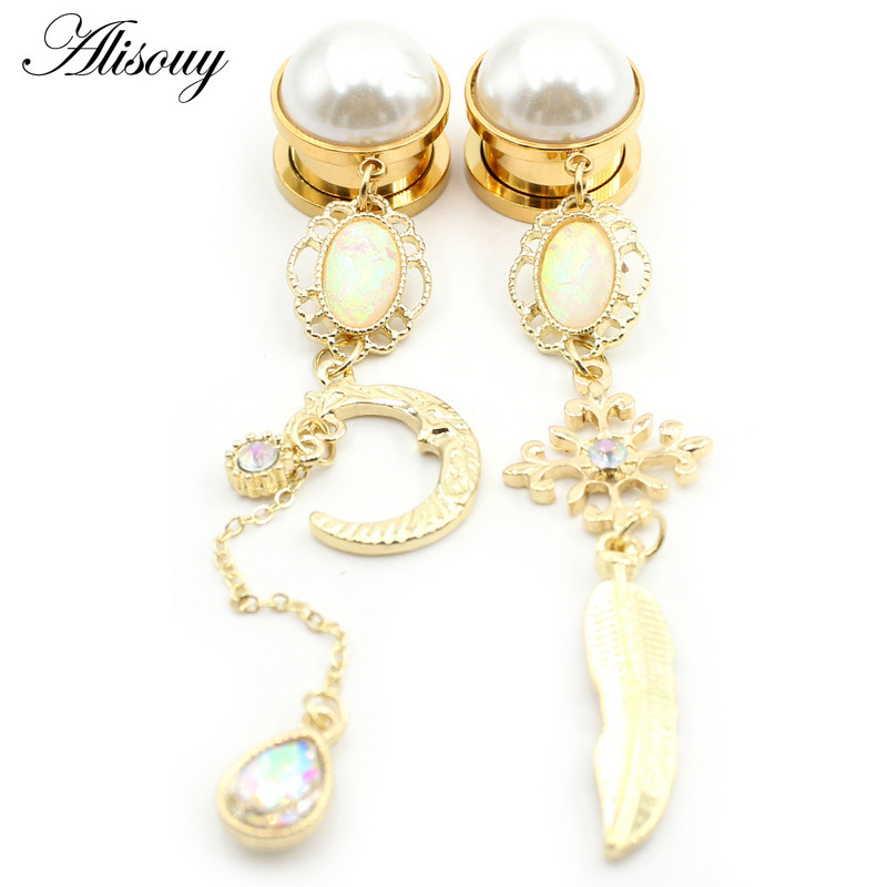 Alisouy 2 buc din oțel inoxidabil picătură de apă, cristal, perlă, tuneluri pentru urechi, dopuri, expansoare, piercing, bijuterii pentru corp