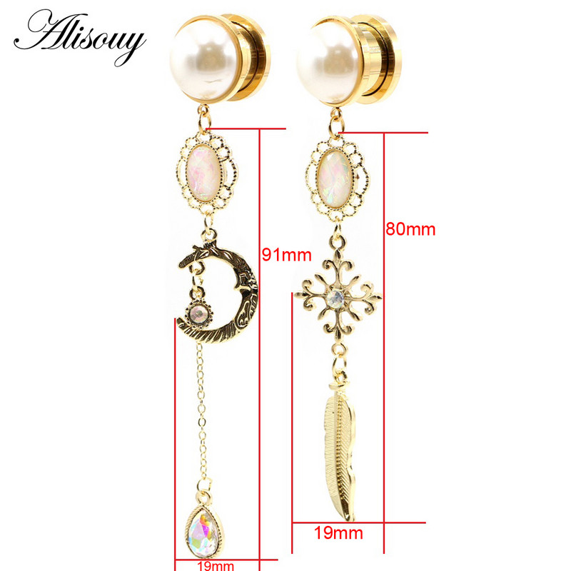 Alisouy 2 buc din oțel inoxidabil picătură de apă, cristal, perlă, tuneluri pentru urechi, dopuri, expansoare, piercing, bijuterii pentru corp