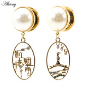 Alisouy 2PCS nerūdijančio plieno Chinoiserie perlai cirkonio ovalūs ausų kištukai tuneliai išplėtimo tempimo matuokliai auskarų vėrimas kūno papuošalai