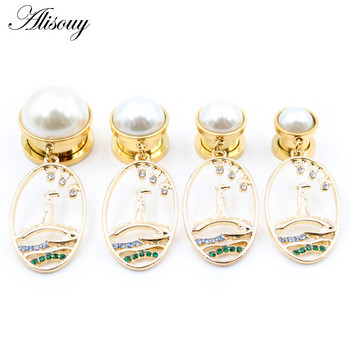 Alisouy 2PCS Chinoiserie Pearls от неръждаема стомана Циркон Овални тапи за уши Тунели Разширител Носилка Габарити Пиърсинг Бижута за тяло