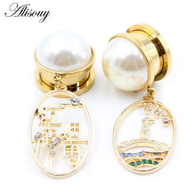 Alisouy 2PCS nerūdijančio plieno Chinoiserie perlai cirkonio ovalūs ausų kištukai tuneliai išplėtimo tempimo matuokliai auskarų vėrimas kūno papuošalai
