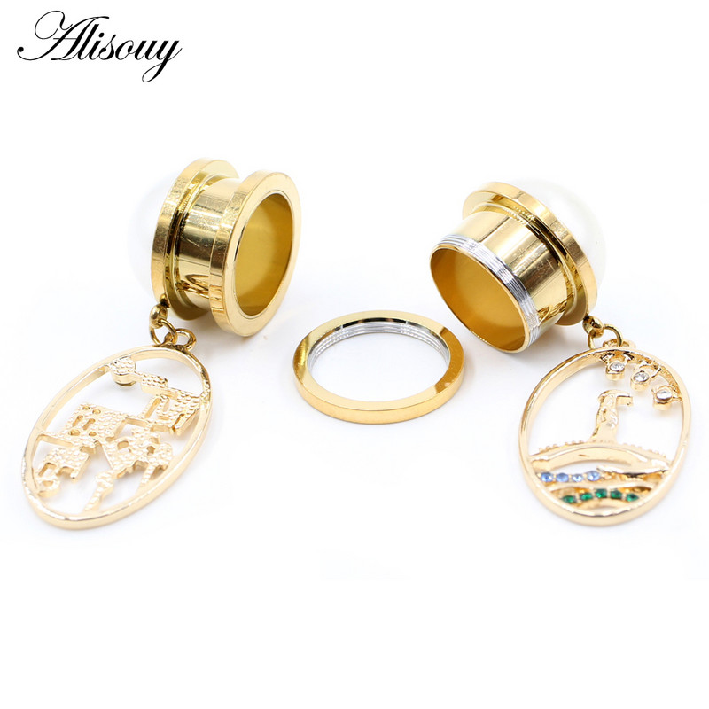 Alisouy 2PCS nerūdijančio plieno Chinoiserie perlai cirkonio ovalūs ausų kištukai tuneliai išplėtimo tempimo matuokliai auskarų vėrimas kūno papuošalai