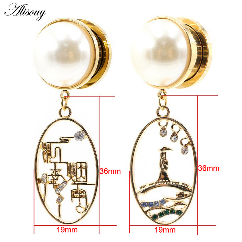 Alisouy 2PCS nerūdijančio plieno Chinoiserie perlai cirkonio ovalūs ausų kištukai tuneliai išplėtimo tempimo matuokliai auskarų vėrimas kūno papuošalai