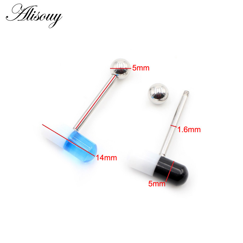 Alisouy 1 buc. Capsule acrilice, în două culori, inele pentru limbă cu bile de oțel, bare pentru bărbați, fete, 14G, mrene industriale, piercing, bijuterii