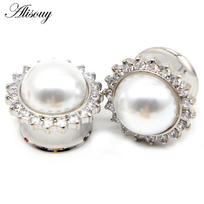 Alisouy 2 buc Cristal cu flori de perle din oțel inoxidabil pentru urechi, dopuri de expansiune pentru tunel, targă pentru cercei, piercing, bijuterii pentru corp