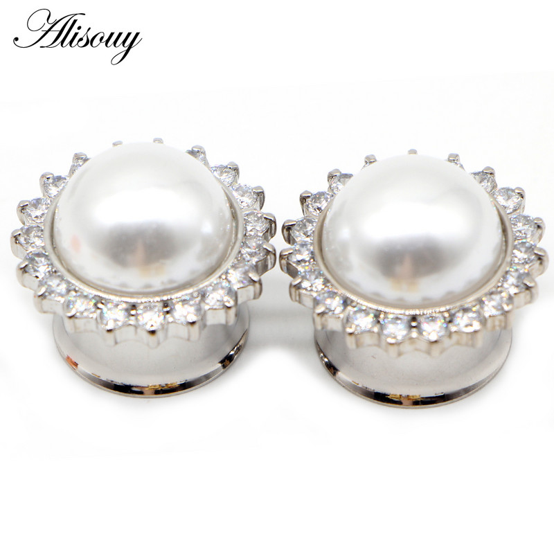 Alisouy 2 buc Cristal cu flori de perle din oțel inoxidabil pentru urechi, dopuri de expansiune pentru tunel, targă pentru cercei, piercing, bijuterii pentru corp