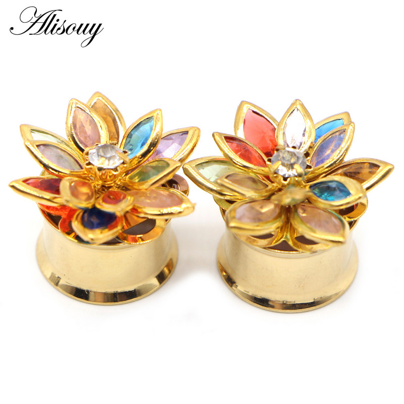 Alisouy 2 buc Cristal cu flori de perle din oțel inoxidabil pentru urechi, dopuri de expansiune pentru tunel, targă pentru cercei, piercing, bijuterii pentru corp