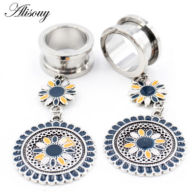 Alisouy 2 bucăți din oțel inoxidabil flori perle lanț inimă zirconiu dopuri pentru urechi tuneluri extensie targă calibre piercing bijuterii pentru corp