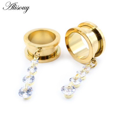 Alisouy 2 bucăți din oțel inoxidabil flori perle lanț inimă zirconiu dopuri pentru urechi tuneluri extensie targă calibre piercing bijuterii pentru corp