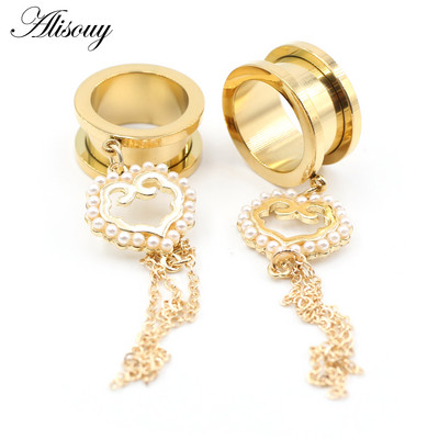 Alisouy 2 bucăți din oțel inoxidabil flori perle lanț inimă zirconiu dopuri pentru urechi tuneluri extensie targă calibre piercing bijuterii pentru corp