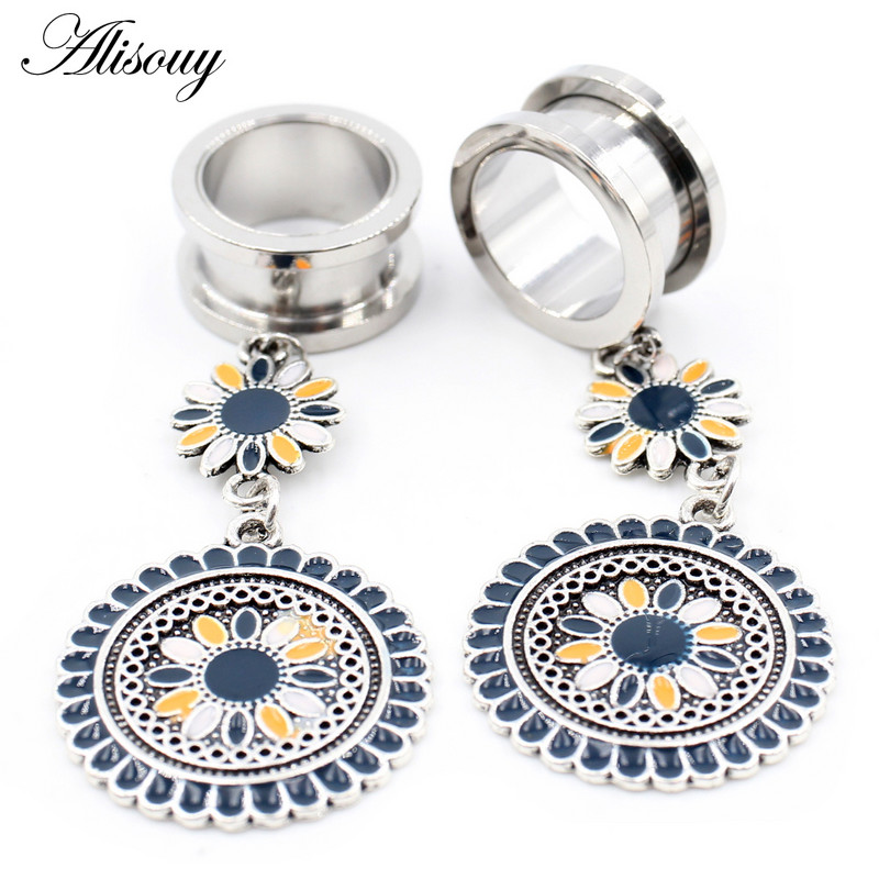 Alisouy 2 bucăți din oțel inoxidabil flori perle lanț inimă zirconiu dopuri pentru urechi tuneluri extensie targă calibre piercing bijuterii pentru corp