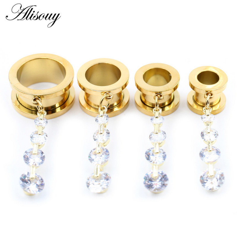 Alisouy 2 bucăți din oțel inoxidabil flori perle lanț inimă zirconiu dopuri pentru urechi tuneluri extensie targă calibre piercing bijuterii pentru corp