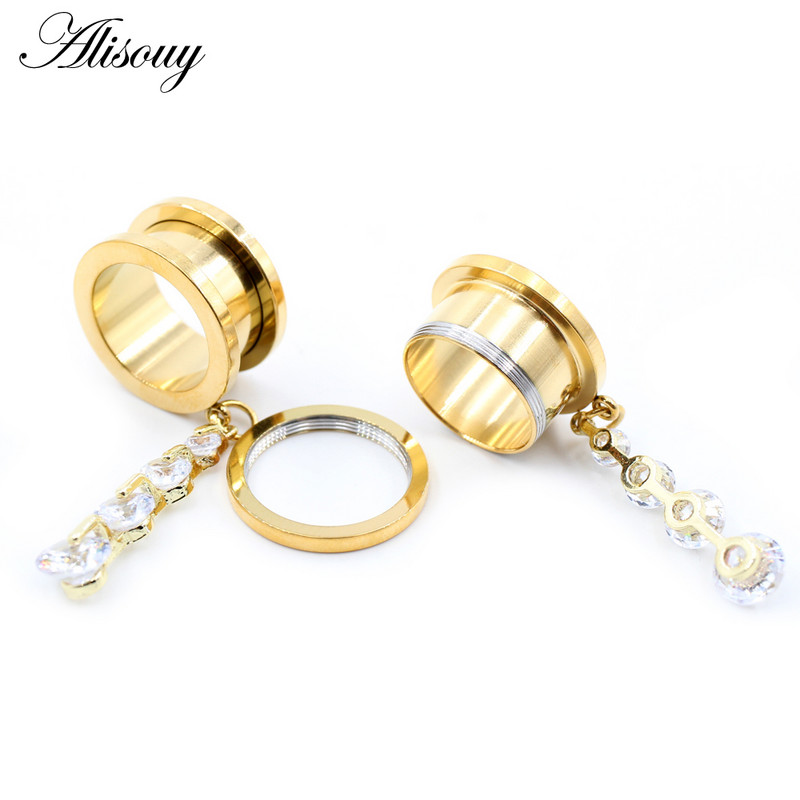 Alisouy 2 bucăți din oțel inoxidabil flori perle lanț inimă zirconiu dopuri pentru urechi tuneluri extensie targă calibre piercing bijuterii pentru corp