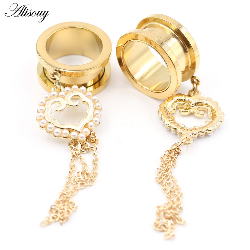 Alisouy 2 bucăți din oțel inoxidabil flori perle lanț inimă zirconiu dopuri pentru urechi tuneluri extensie targă calibre piercing bijuterii pentru corp