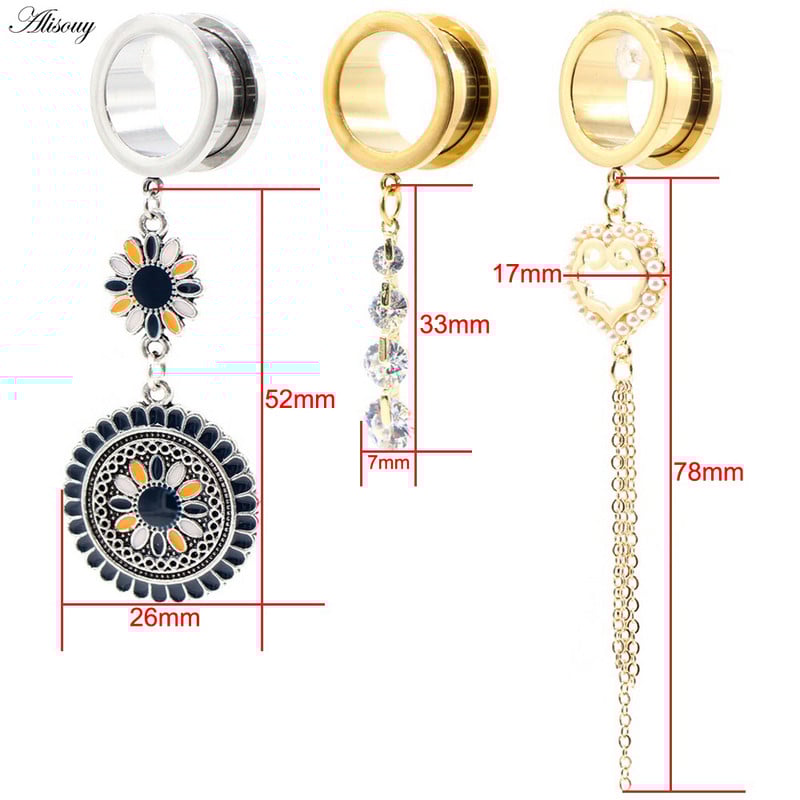 Alisouy 2 bucăți din oțel inoxidabil flori perle lanț inimă zirconiu dopuri pentru urechi tuneluri extensie targă calibre piercing bijuterii pentru corp