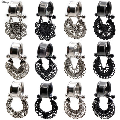 Alisouy 2τμχ Ανοξείδωτο ατσάλι Heart Flower Dangle Double Flare Flesh Ear Gauge Tunnel Expander Strecher Piercing Jewelry