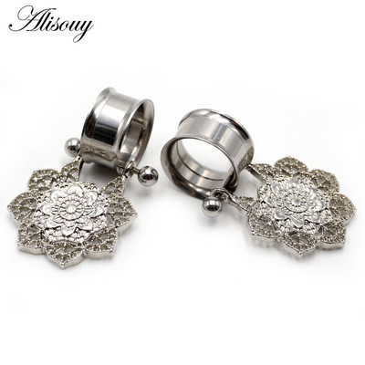 Alisouy 2 buc din oțel inoxidabil inimă floare dangle dublu flare carne ureche gauge plug tunel expander targă piercing bijuterii