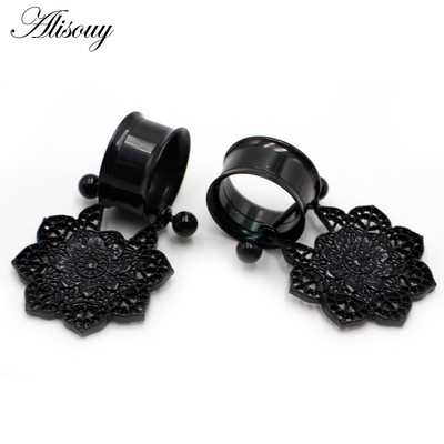 Alisouy 2 buc din oțel inoxidabil inimă floare dangle dublu flare carne ureche gauge plug tunel expander targă piercing bijuterii