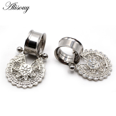 Alisouy 2 buc din oțel inoxidabil inimă floare dangle dublu flare carne ureche gauge plug tunel expander targă piercing bijuterii