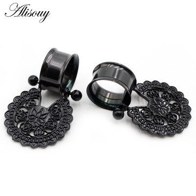 Alisouy 2 buc din oțel inoxidabil inimă floare dangle dublu flare carne ureche gauge plug tunel expander targă piercing bijuterii