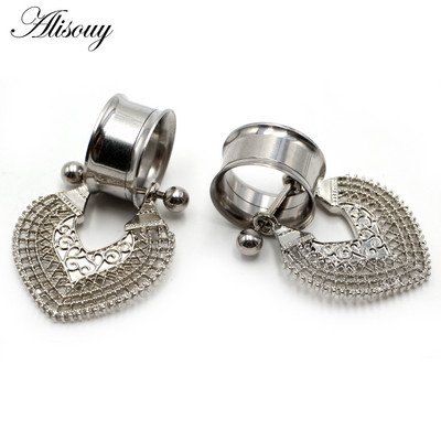 Alisouy 2 buc din oțel inoxidabil inimă floare dangle dublu flare carne ureche gauge plug tunel expander targă piercing bijuterii