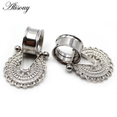 Alisouy 2 buc din oțel inoxidabil inimă floare dangle dublu flare carne ureche gauge plug tunel expander targă piercing bijuterii