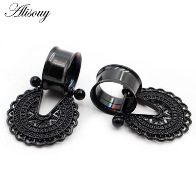 Alisouy 2 buc din oțel inoxidabil inimă floare dangle dublu flare carne ureche gauge plug tunel expander targă piercing bijuterii