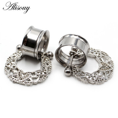 Alisouy 2 buc din oțel inoxidabil inimă floare dangle dublu flare carne ureche gauge plug tunel expander targă piercing bijuterii