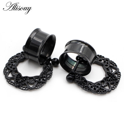 Alisouy 2 buc din oțel inoxidabil inimă floare dangle dublu flare carne ureche gauge plug tunel expander targă piercing bijuterii