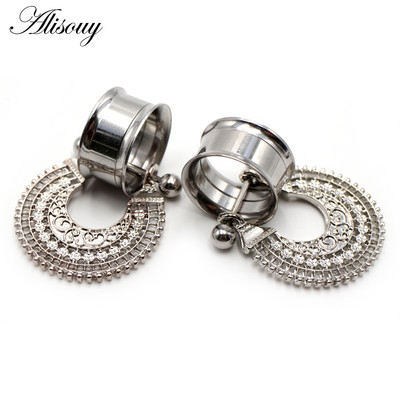 Alisouy 2 buc din oțel inoxidabil inimă floare dangle dublu flare carne ureche gauge plug tunel expander targă piercing bijuterii