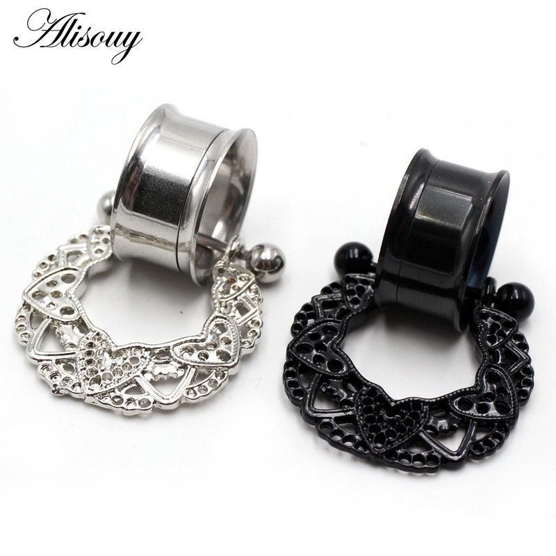 Alisouy 2 buc din oțel inoxidabil inimă floare dangle dublu flare carne ureche gauge plug tunel expander targă piercing bijuterii