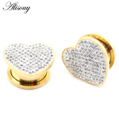 Alisouy 2 bucăți 8-16 mm din oțel inoxidabil Love Heart Zircon Cristal dopuri pentru tunelul urechii Expanders Stretchers Manometre Piercing Bijuterii pentru corp