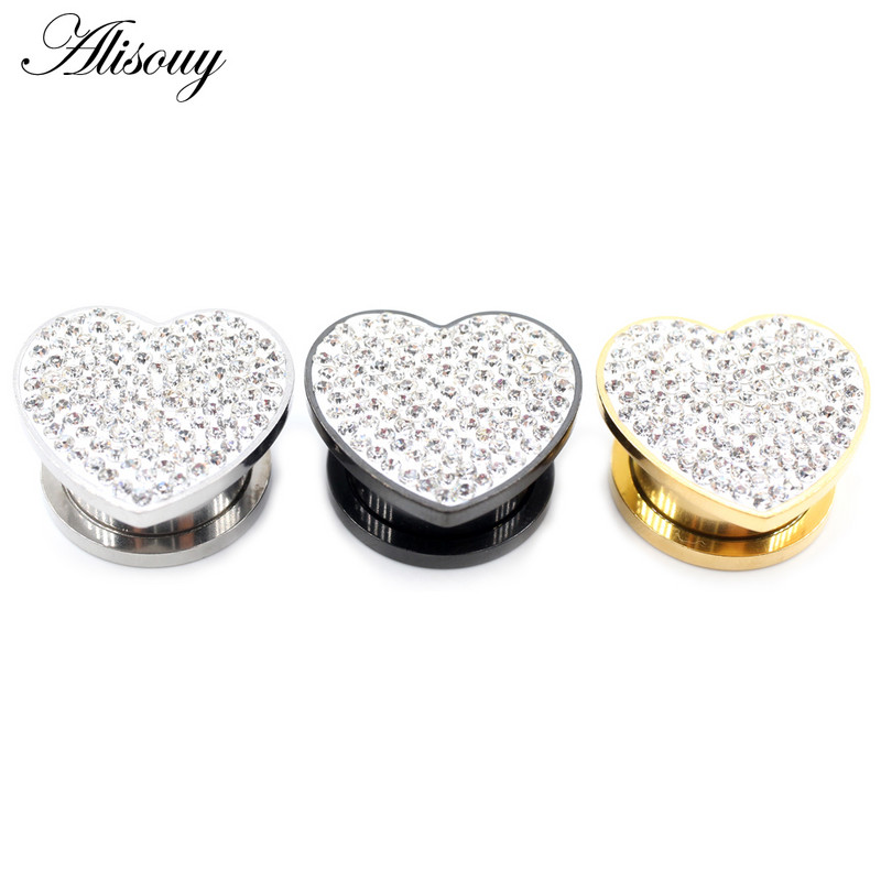 Alisouy 2 bucăți 8-16 mm din oțel inoxidabil Love Heart Zircon Cristal dopuri pentru tunelul urechii Expanders Stretchers Manometre Piercing Bijuterii pentru corp
