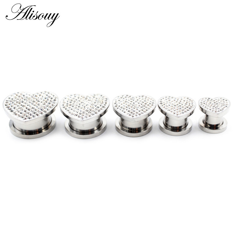 Alisouy 2 bucăți 8-16 mm din oțel inoxidabil Love Heart Zircon Cristal dopuri pentru tunelul urechii Expanders Stretchers Manometre Piercing Bijuterii pentru corp