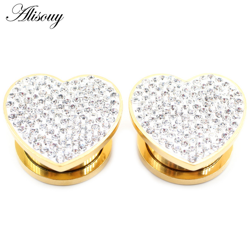 Alisouy 2 bucăți 8-16 mm din oțel inoxidabil Love Heart Zircon Cristal dopuri pentru tunelul urechii Expanders Stretchers Manometre Piercing Bijuterii pentru corp