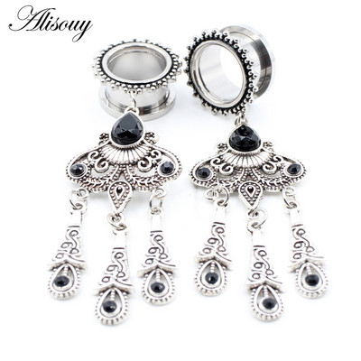 Alisouy 2 bucăți retro din oțel inoxidabil picătură de apă cristal pandantiv dopuri pentru urechi tuneluri expansoare targi calibre Piercing bijuterii pentru corp